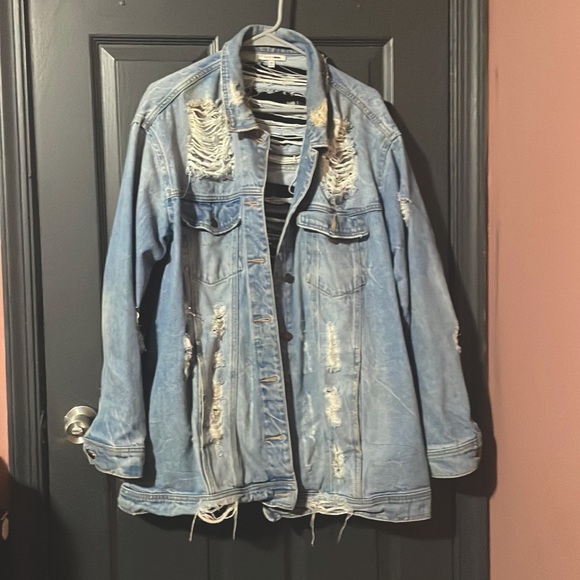 Fashion Nova Jackets & Blazers - Long ripped style Fashion Nova jean jacket, size 2x, color is a light blue jean